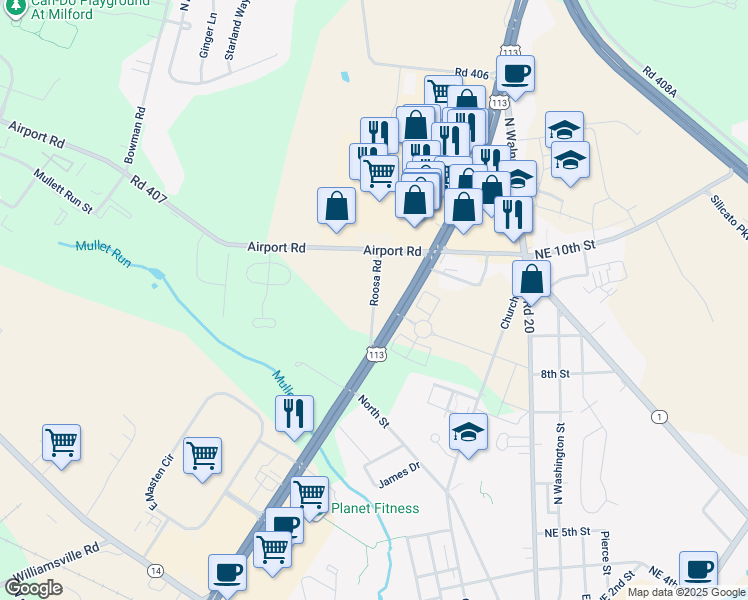map of restaurants, bars, coffee shops, grocery stores, and more near Roosa Road in Milford