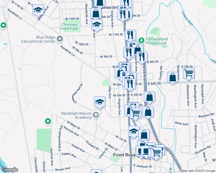 map of restaurants, bars, coffee shops, grocery stores, and more near 530 Villa Avenue in Front Royal