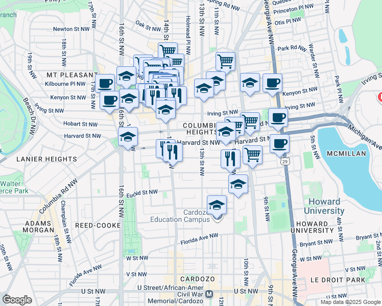 map of restaurants, bars, coffee shops, grocery stores, and more near 1323 Girard Street Northwest in Washington