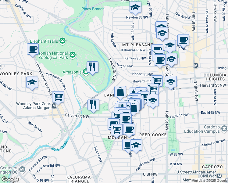 map of restaurants, bars, coffee shops, grocery stores, and more near 3025 Ontario Road Northwest in Washington