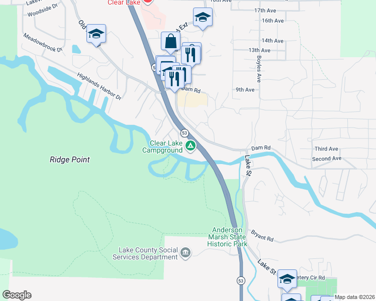 map of restaurants, bars, coffee shops, grocery stores, and more near 7665 Cache Creek Way in Clearlake