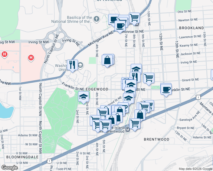 map of restaurants, bars, coffee shops, grocery stores, and more near 101 Independence Avenue Southeast in Washington