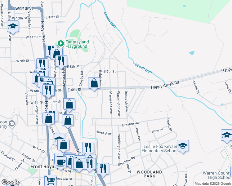 map of restaurants, bars, coffee shops, grocery stores, and more near 611 State Route 647 in Front Royal