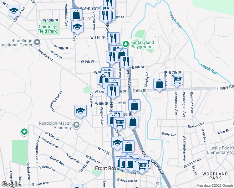 map of restaurants, bars, coffee shops, grocery stores, and more near 15 East 6th Street in Front Royal