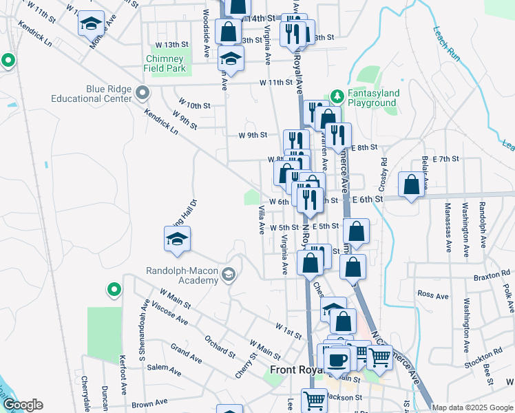 map of restaurants, bars, coffee shops, grocery stores, and more near 530 Villa Avenue in Front Royal