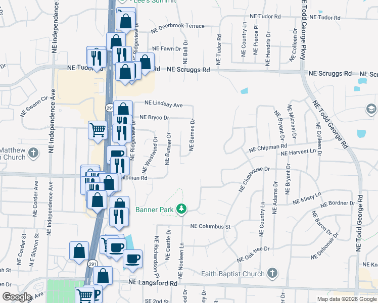 map of restaurants, bars, coffee shops, grocery stores, and more near 728 Northeast Barnes Drive in Lee's Summit