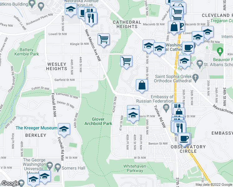 map of restaurants, bars, coffee shops, grocery stores, and more near Tunlaw Rd NW & 42nd St NW in Washington