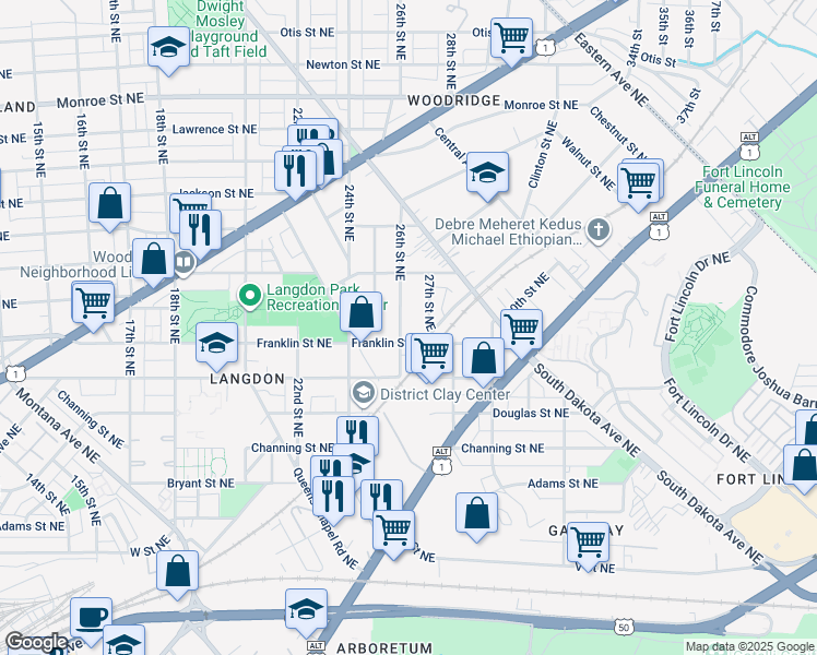 map of restaurants, bars, coffee shops, grocery stores, and more near 2807 26th Street Northeast in Washington