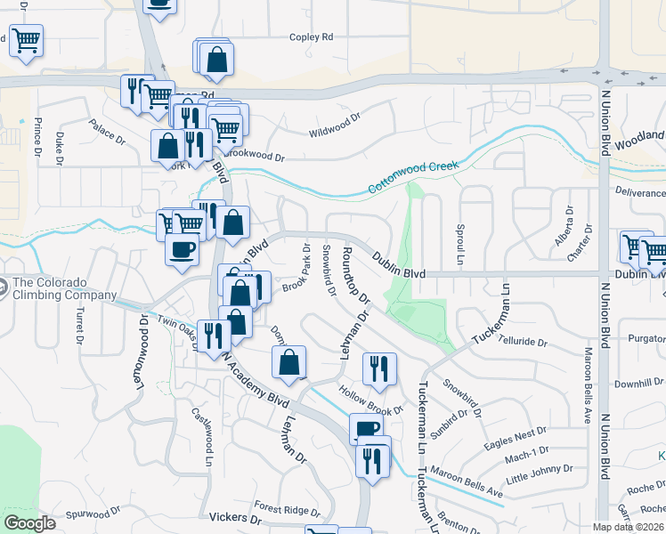 map of restaurants, bars, coffee shops, grocery stores, and more near 6645 Snowbird Drive in Colorado Springs