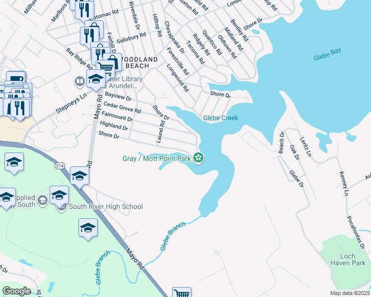map of restaurants, bars, coffee shops, grocery stores, and more near 2033 Shore Drive in Edgewater