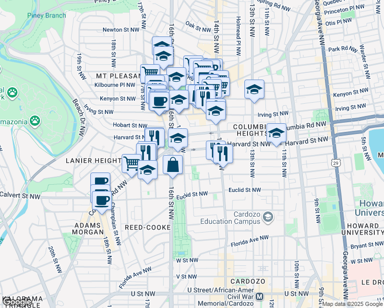 map of restaurants, bars, coffee shops, grocery stores, and more near 1466 Harvard Street Northwest in Washington