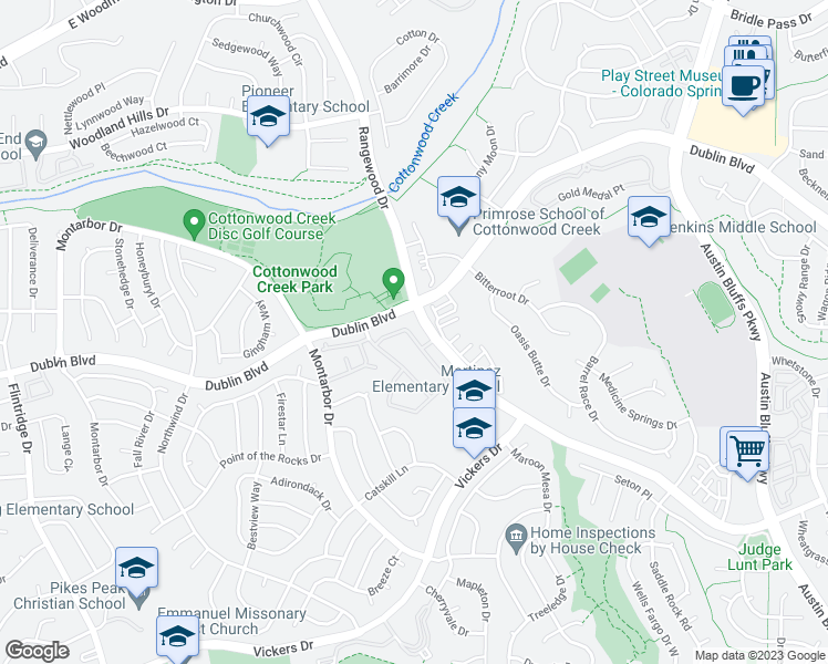 map of restaurants, bars, coffee shops, grocery stores, and more near 6475 Timber Bluff Point in Colorado Springs