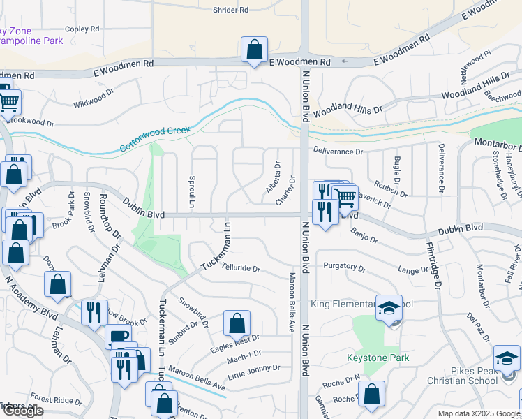 map of restaurants, bars, coffee shops, grocery stores, and more near 6526 Charter Drive in Colorado Springs