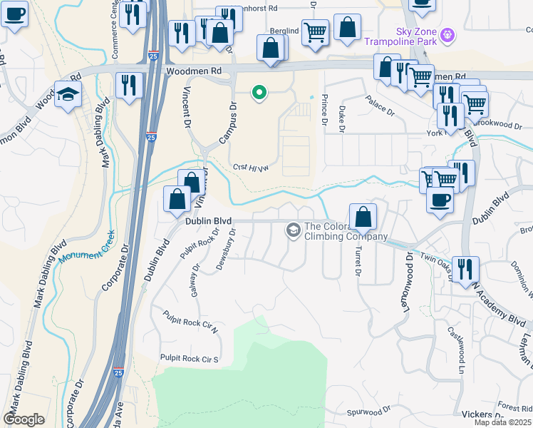 map of restaurants, bars, coffee shops, grocery stores, and more near 1103 Willow Bend Circle in Colorado Springs