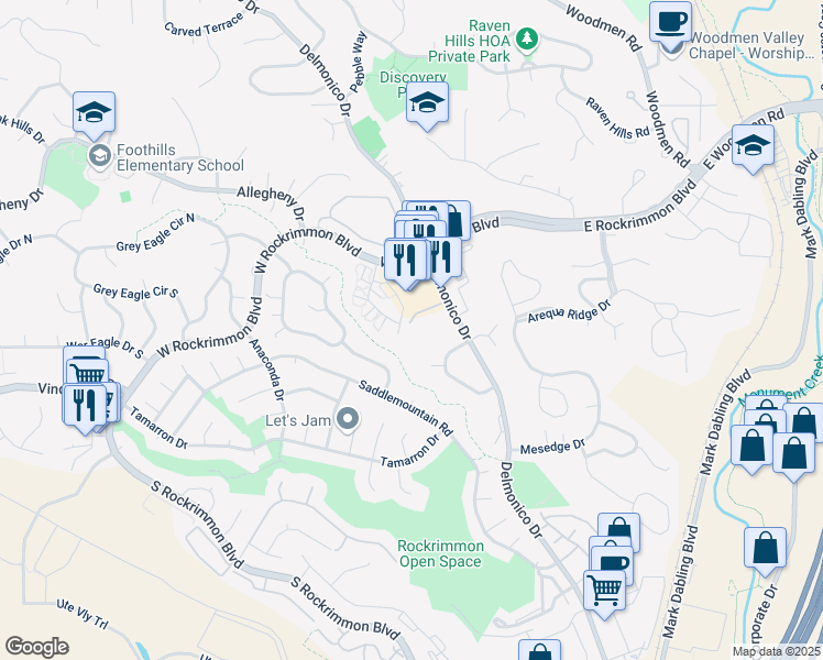 map of restaurants, bars, coffee shops, grocery stores, and more near 6617 Foxdale Circle in Colorado Springs