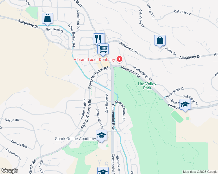 map of restaurants, bars, coffee shops, grocery stores, and more near 2127 Denton Grove in Colorado Springs