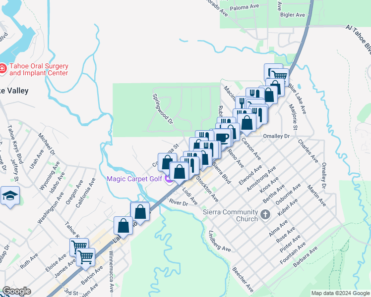 map of restaurants, bars, coffee shops, grocery stores, and more near 941 Silver Dollar Avenue in South Lake Tahoe