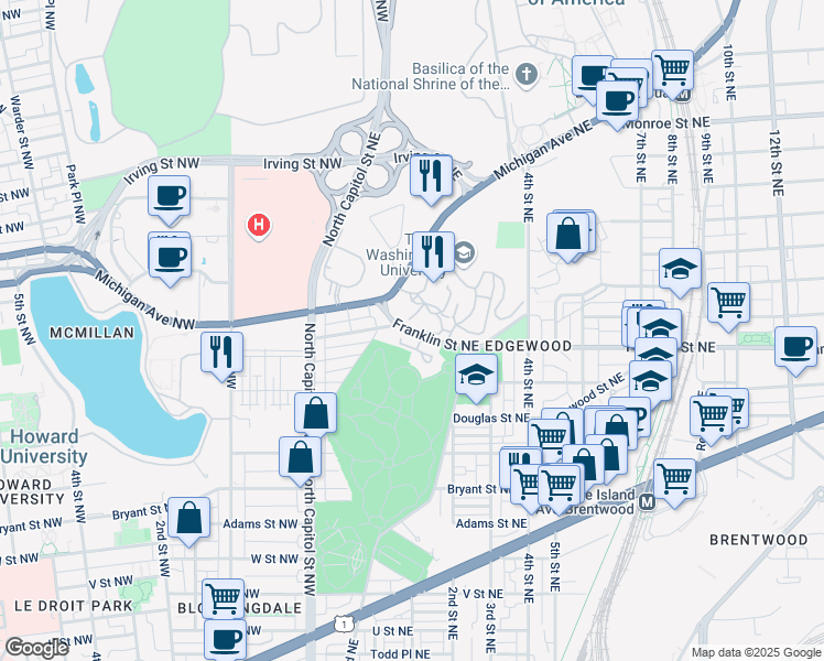 map of restaurants, bars, coffee shops, grocery stores, and more near 101 Independence Avenue Southeast in Washington