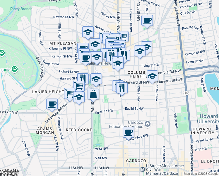 map of restaurants, bars, coffee shops, grocery stores, and more near 101 Independence Avenue Southeast in Washington
