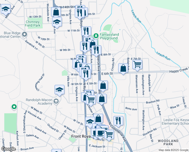 map of restaurants, bars, coffee shops, grocery stores, and more near 107 East 6th Street in Front Royal