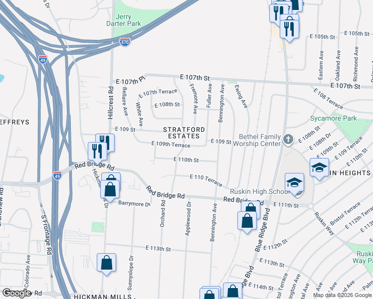 map of restaurants, bars, coffee shops, grocery stores, and more near 6300 East 109th Terrace in Kansas City