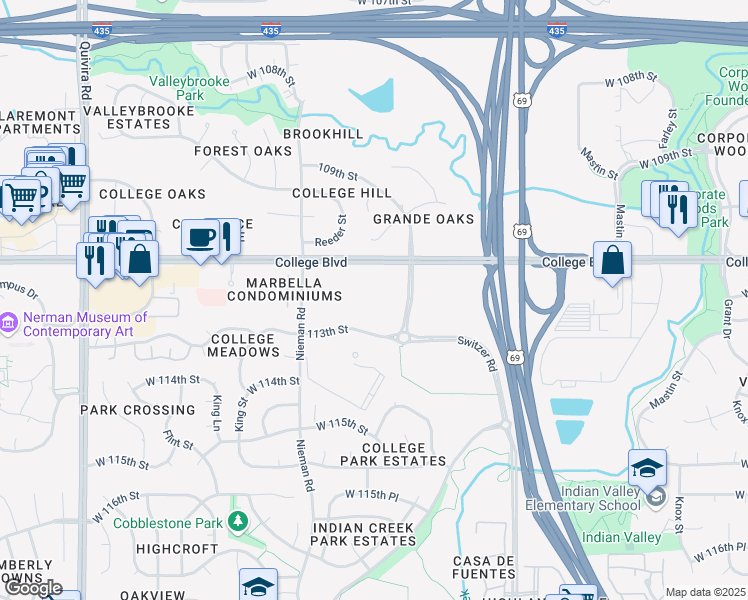 map of restaurants, bars, coffee shops, grocery stores, and more near 10401 College Boulevard in Overland Park