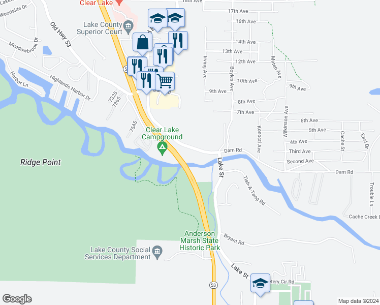 map of restaurants, bars, coffee shops, grocery stores, and more near 15991 Dam Road in Clearlake