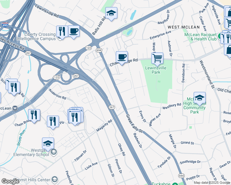 map of restaurants, bars, coffee shops, grocery stores, and more near 1610 Great Falls Street in McLean