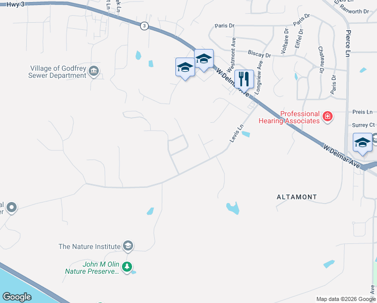 map of restaurants, bars, coffee shops, grocery stores, and more near 4611 Valleydale Road in Godfrey