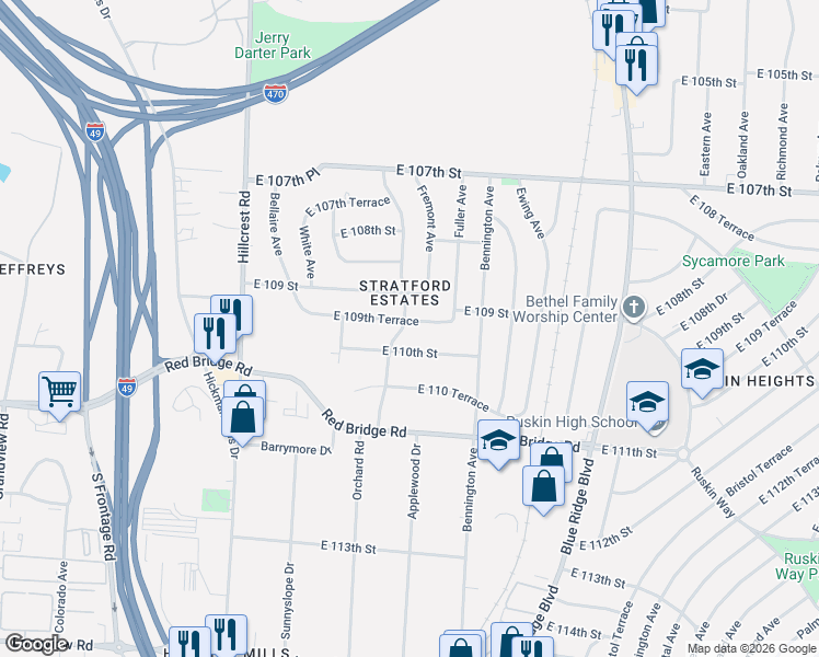 map of restaurants, bars, coffee shops, grocery stores, and more near 6300 East 109th Terrace in Kansas City