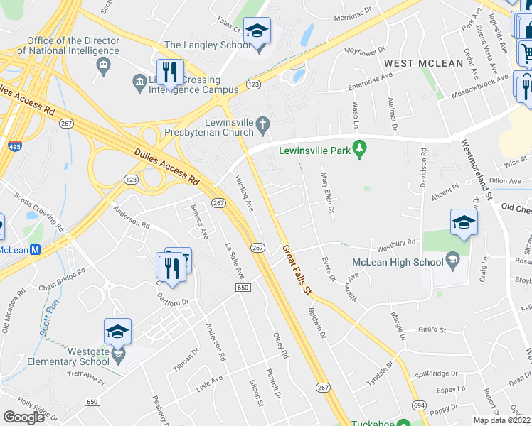 map of restaurants, bars, coffee shops, grocery stores, and more near 1610 Great Falls Street in McLean
