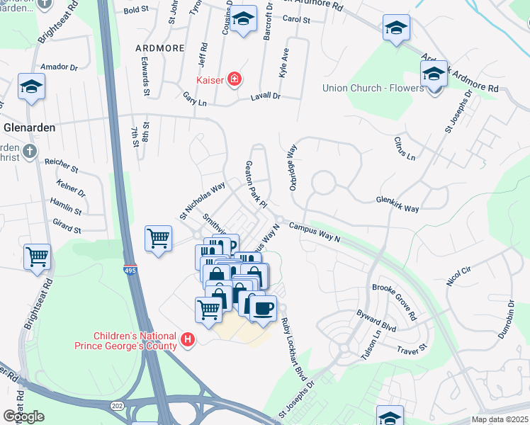 map of restaurants, bars, coffee shops, grocery stores, and more near 9413 Geaton Park Place in Glenarden