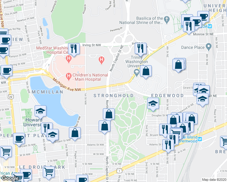 map of restaurants, bars, coffee shops, grocery stores, and more near 10 Girard Street Northeast in Washington