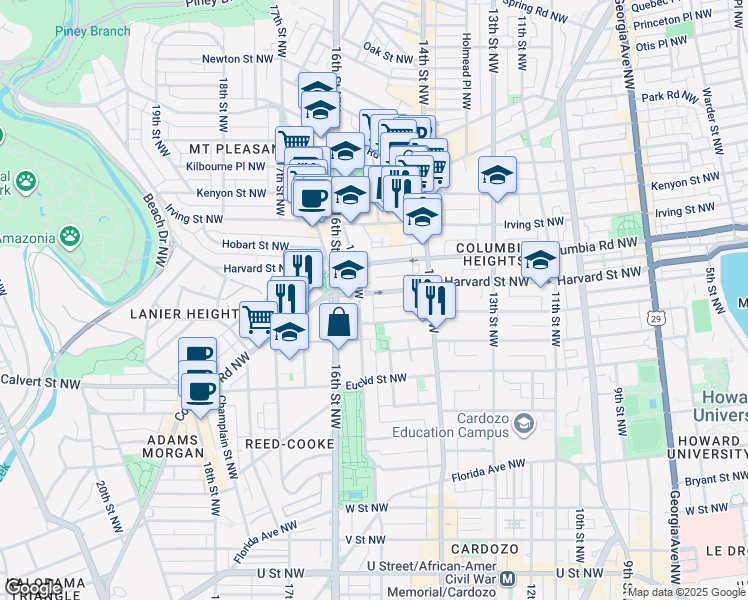 map of restaurants, bars, coffee shops, grocery stores, and more near 1468 Harvard Street Northwest in Washington