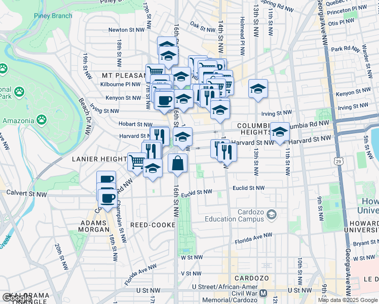 map of restaurants, bars, coffee shops, grocery stores, and more near 1480 Harvard Street Northwest in Washington