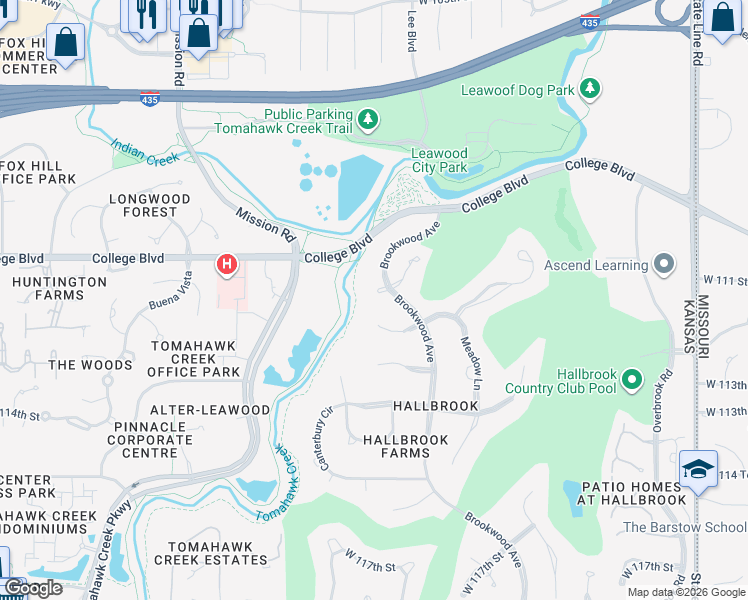 map of restaurants, bars, coffee shops, grocery stores, and more near 11120 Brookwood Street in Leawood