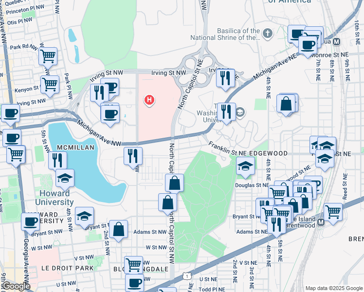 map of restaurants, bars, coffee shops, grocery stores, and more near 10 Girard Street Northeast in Washington