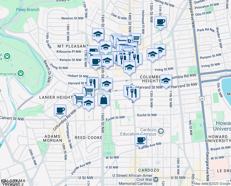map of restaurants, bars, coffee shops, grocery stores, and more near 1466 Harvard Street Northwest in Washington