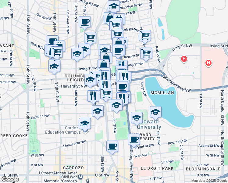 map of restaurants, bars, coffee shops, grocery stores, and more near 743 Girard Street Northwest in Washington
