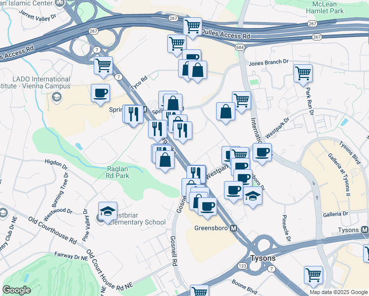 map of restaurants, bars, coffee shops, grocery stores, and more near 8500 Leesburg Pike in Tysons