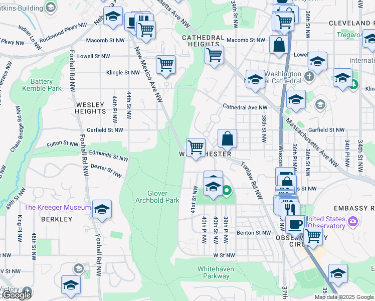 map of restaurants, bars, coffee shops, grocery stores, and more near 2801 New Mexico Avenue Northwest in Washington