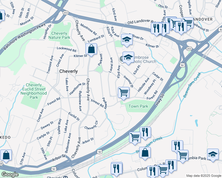 map of restaurants, bars, coffee shops, grocery stores, and more near 2813 Laurel Avenue in Cheverly