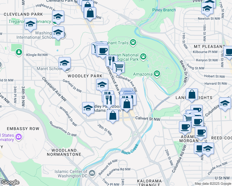 map of restaurants, bars, coffee shops, grocery stores, and more near 2722 Connecticut Avenue Northwest in Washington