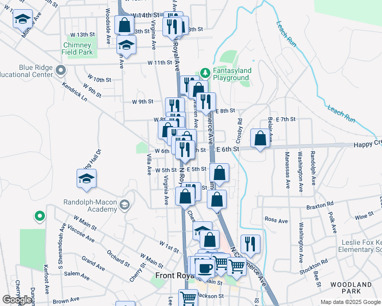map of restaurants, bars, coffee shops, grocery stores, and more near 15 East 6th Street in Front Royal