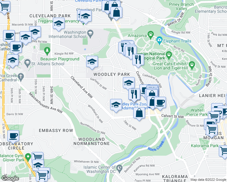 map of restaurants, bars, coffee shops, grocery stores, and more near Garfield St NW & 29th St NW in Washington
