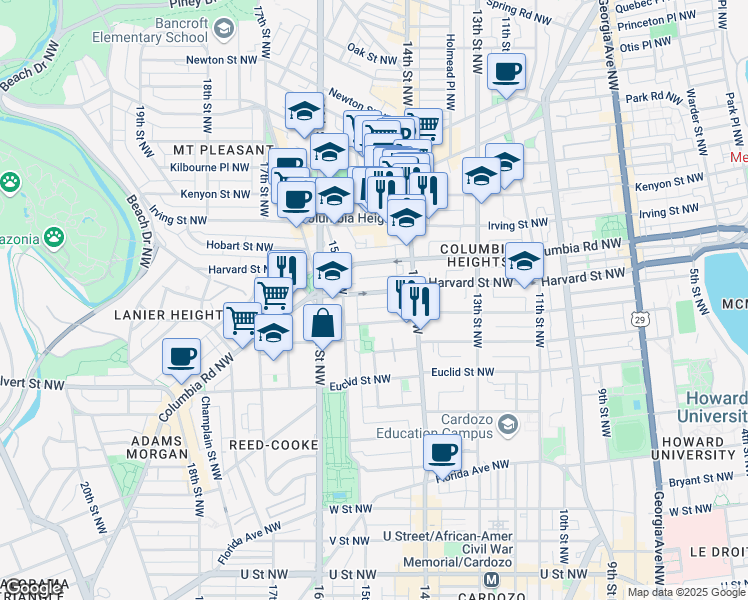 map of restaurants, bars, coffee shops, grocery stores, and more near 101 Independence Avenue Southeast in Washington