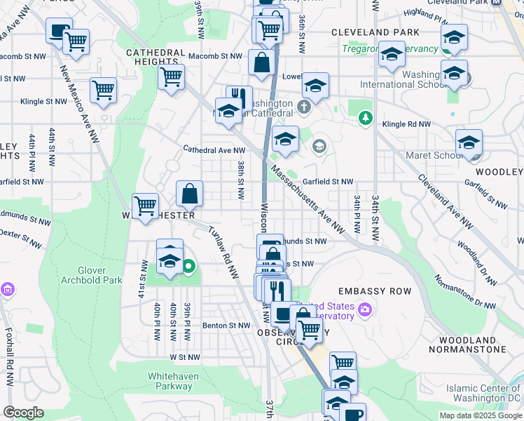 map of restaurants, bars, coffee shops, grocery stores, and more near 2800 Wisconsin Avenue Northwest in Washington