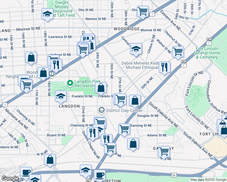 map of restaurants, bars, coffee shops, grocery stores, and more near 2809 26th Street Northeast in Washington
