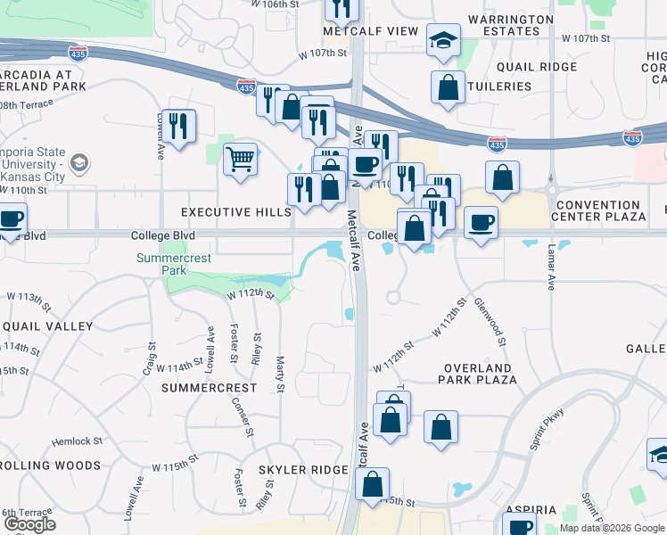 map of restaurants, bars, coffee shops, grocery stores, and more near 7101 College Boulevard in Overland Park