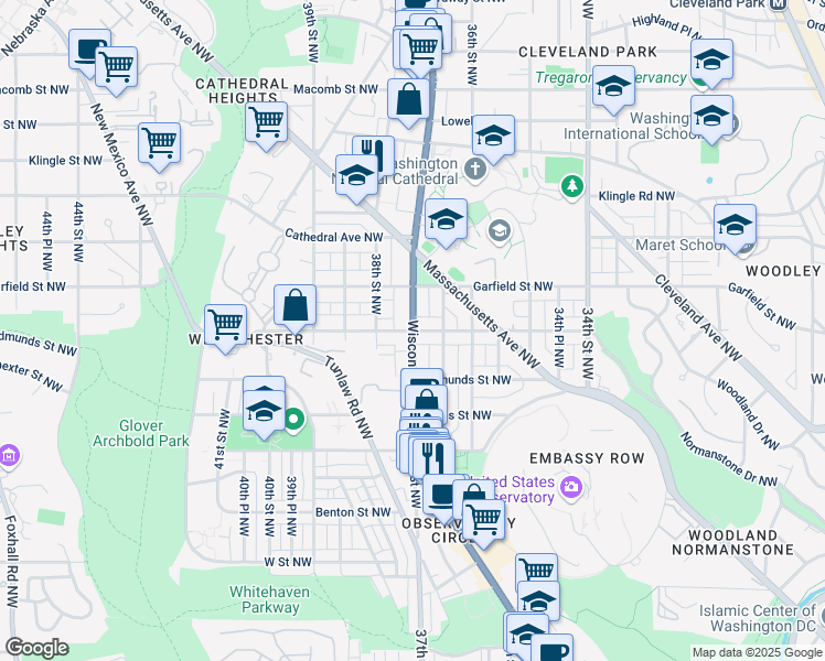 map of restaurants, bars, coffee shops, grocery stores, and more near Wisconsin Ave NW & Fulton St NW in Washington